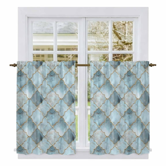 Teal Morocco Tier Curtains, Modern Abstract Art Contemporary Geometric Light Filtering Kitchen Curtains, 2Pcs Rod Pocket Half Window Treatments Panels for Sink Cafe Cabinet Basement 27.5x45 Inches