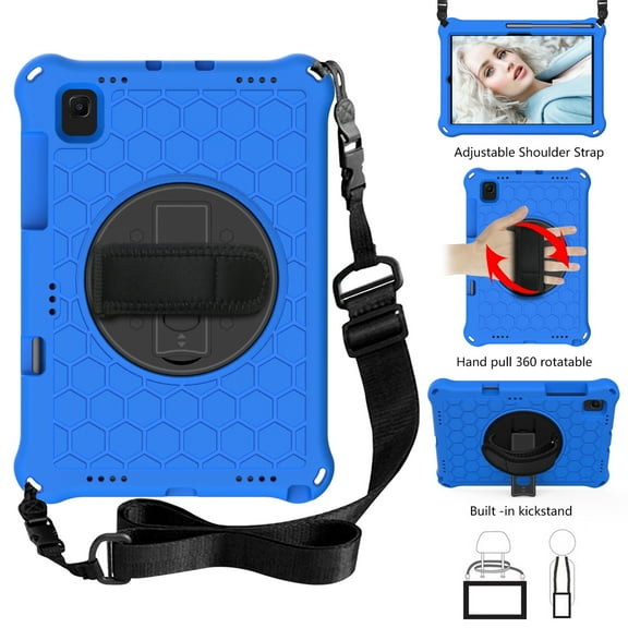 Dteck Case for Samsung Galaxy Tab S6 Lite 10.4" P610 P615 (2020)10.4-inch,Shockproof Rubber Hand Strap Kickstand EVA Protective Hard PC Back Cover with Shoulder Strap,Blue Black