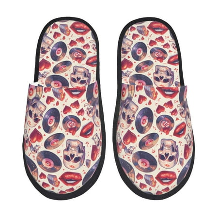 

Yiaed record rock Skull lips Print Unisex House Slippers Slip on Warm Shoes Indoor Outdoor with Anti-slip sole-Medium