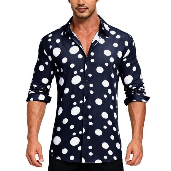 UTSJKR Men's Roll-Up Cuff Polka Dot Long Sleeve Button-Down Shirt, Slim Fit Casual Top, Daily Dating Street Outdoor Trendy Leisure Wear Dark Blue L