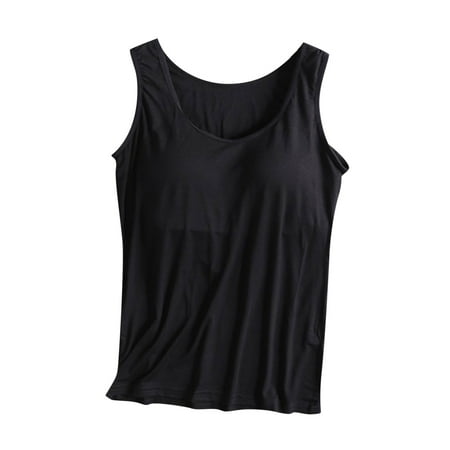 Charella Modal Cotton Tank Tops for Women with Shelf Bra Sleeveless Wide Strap Layer Padded Camisole Yoga Top S-4XL (Small  Black)