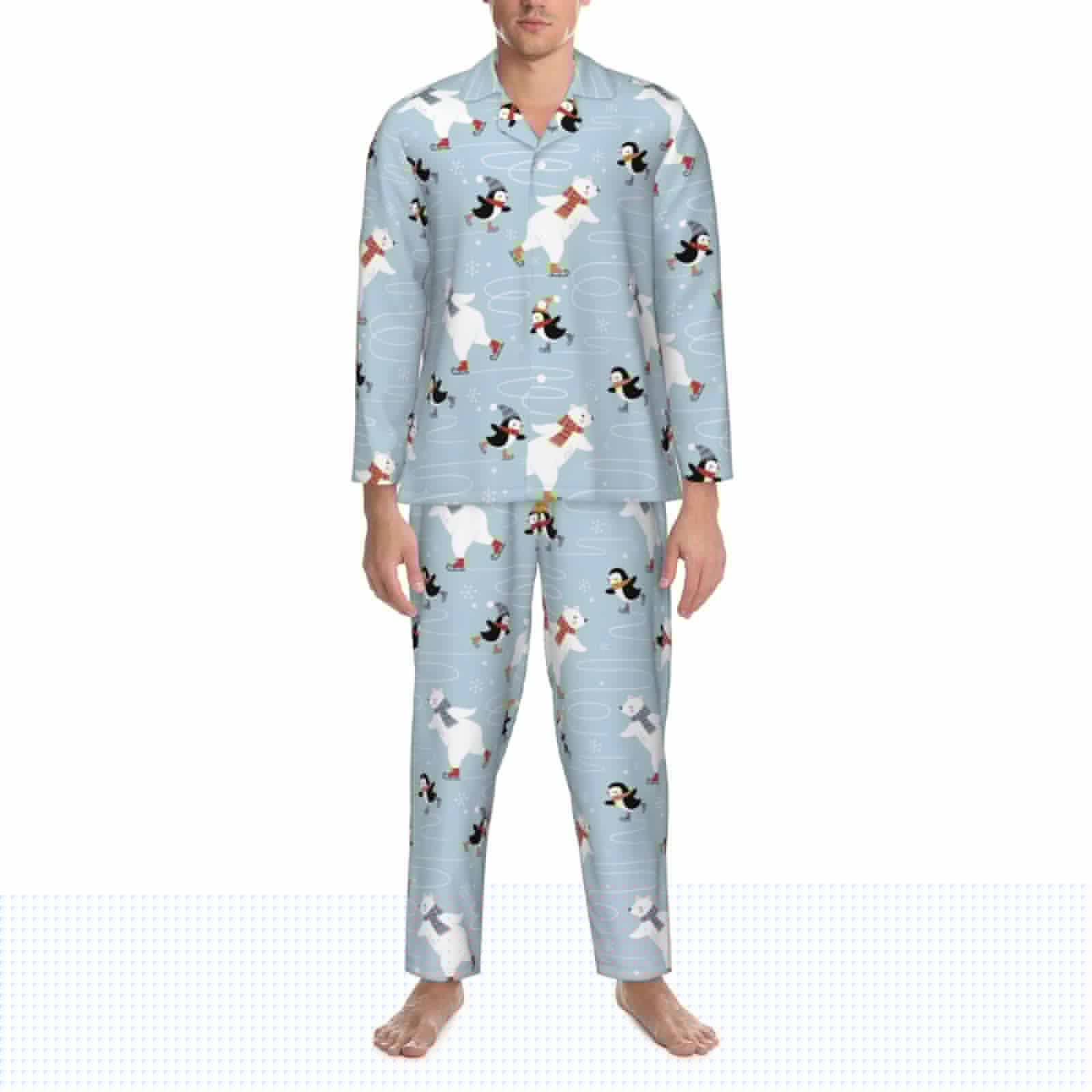 thumbnail image 3 of Balery Skiing penguin Bear Pijama para Hombre de Dos Piezas con Manga Larga, Conjunto de Dormir y Descanso Suave con Bolsillos-Medium, 3 of 7