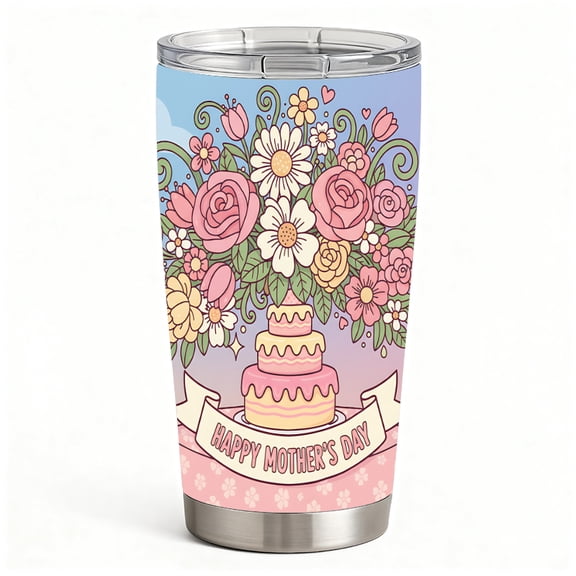 Stainless Steel Insulated Tumbler with Lid, Happy Mother’s Day Cake & Floral Design, Double Wall Hot Cold Travel Cup, Gift for Mom