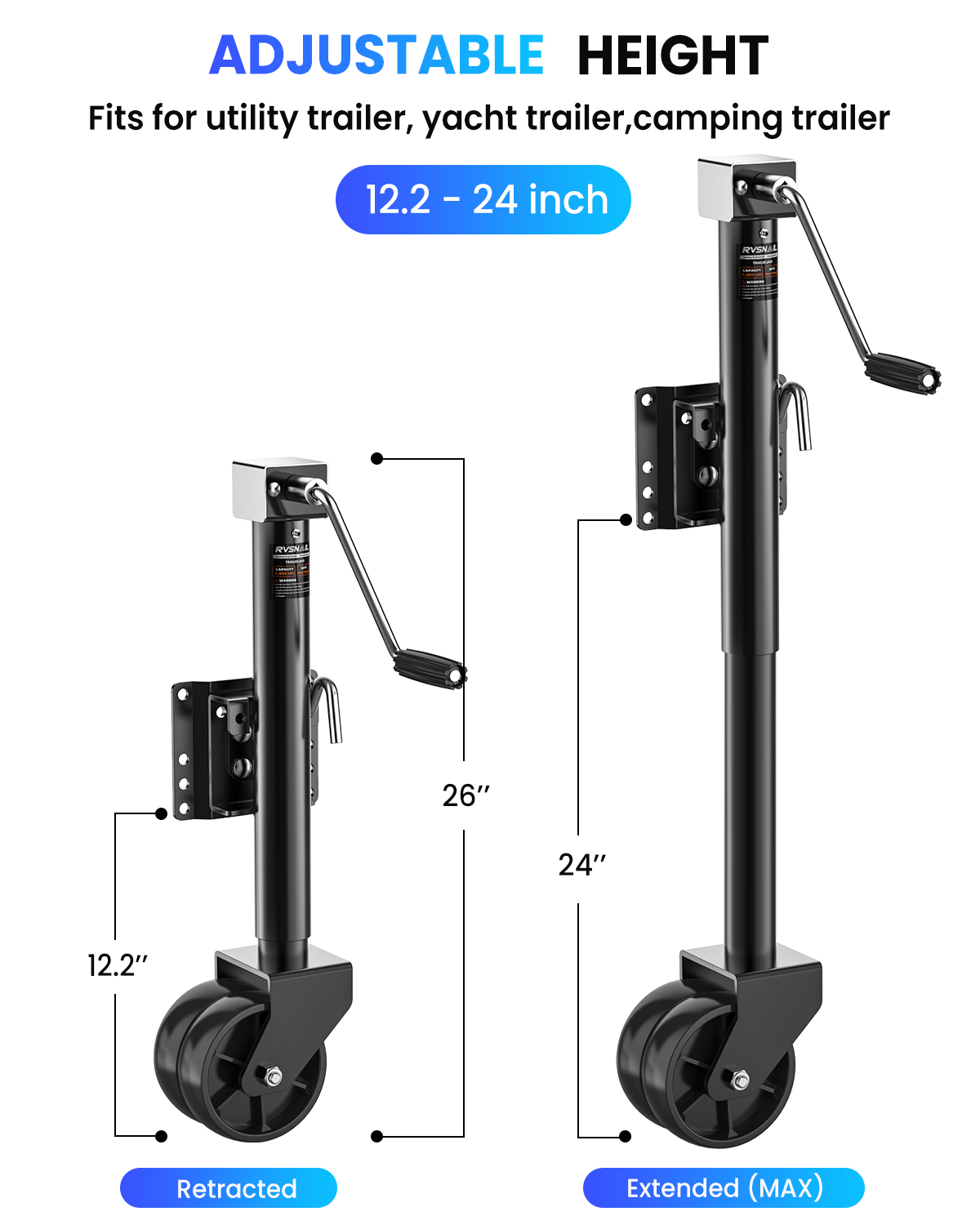 2000 lbs Trailer Jack with Dual Wheel Heavy Duty, 23" Lift, 20-24V Cordless Drill Compatible, for RV, Boat, Yacht & Utility Trailers, Black