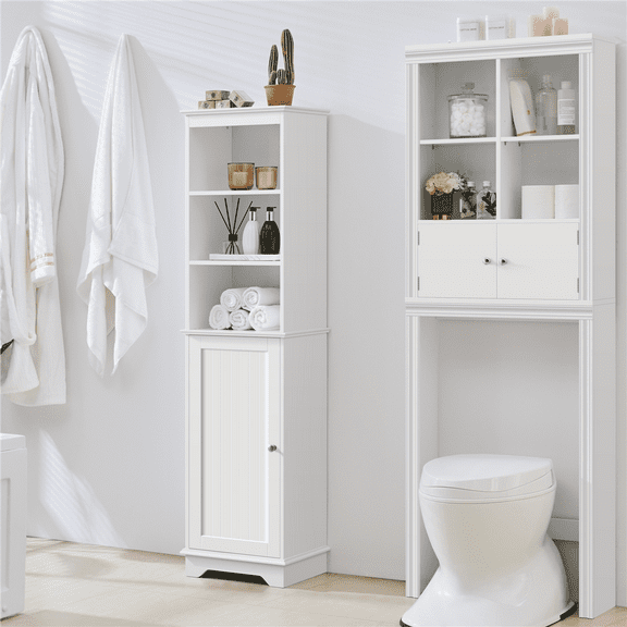 Yaheetech Tall Bathroom Floor Cabinet with Single Door and Shelves, White