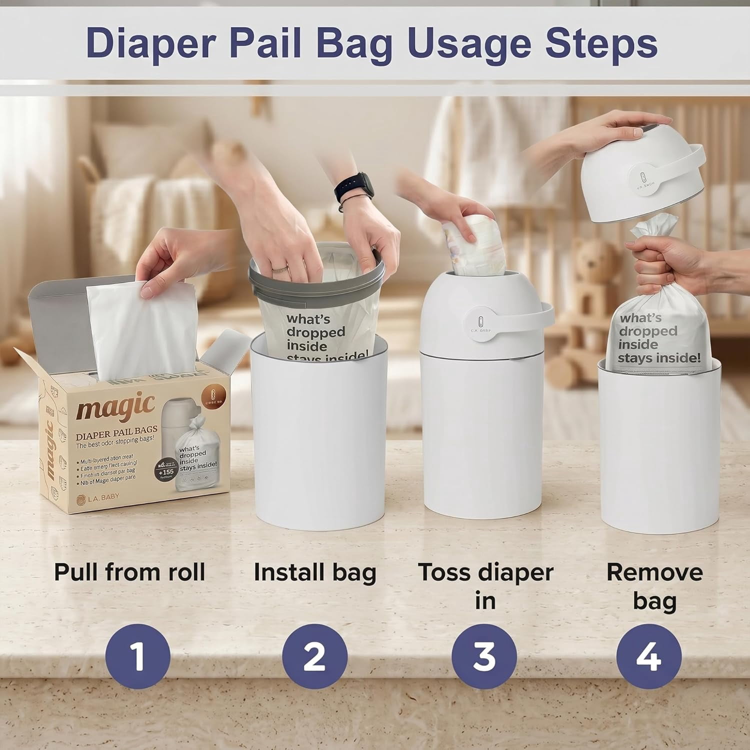 Magic Diaper Bags - Diaper Pail Refill Bags 45 Count - Multi-Layer 100% Odor-Free Disposable Diaper Bag - Holds 1125 Diapers - Extra Strong No Leak