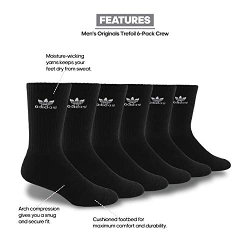 Adidas Originals Men's Trefoil Crew Socks (6-Pair), Black/White, Large, (Shoe Size 6-12)