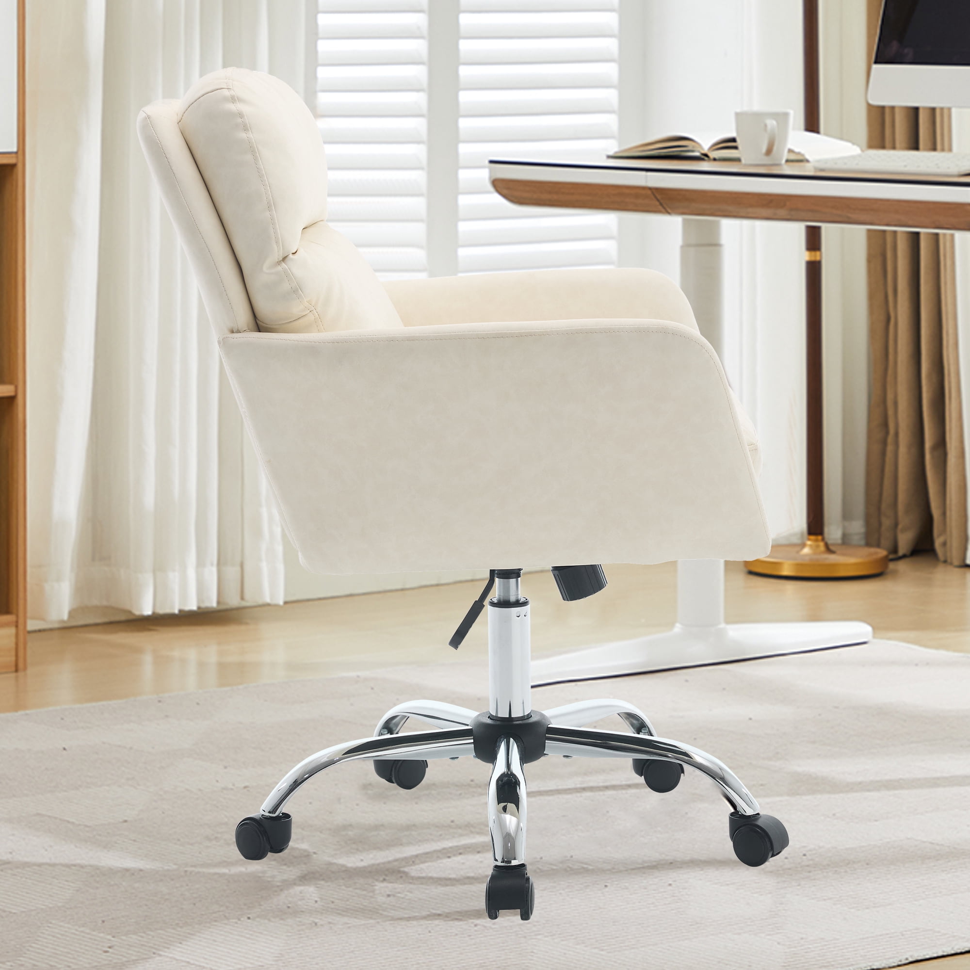Leumius Office Chair with Black Base & Adjustable In Height,PU Leather Chair for Office Bedroom Dressing Table White