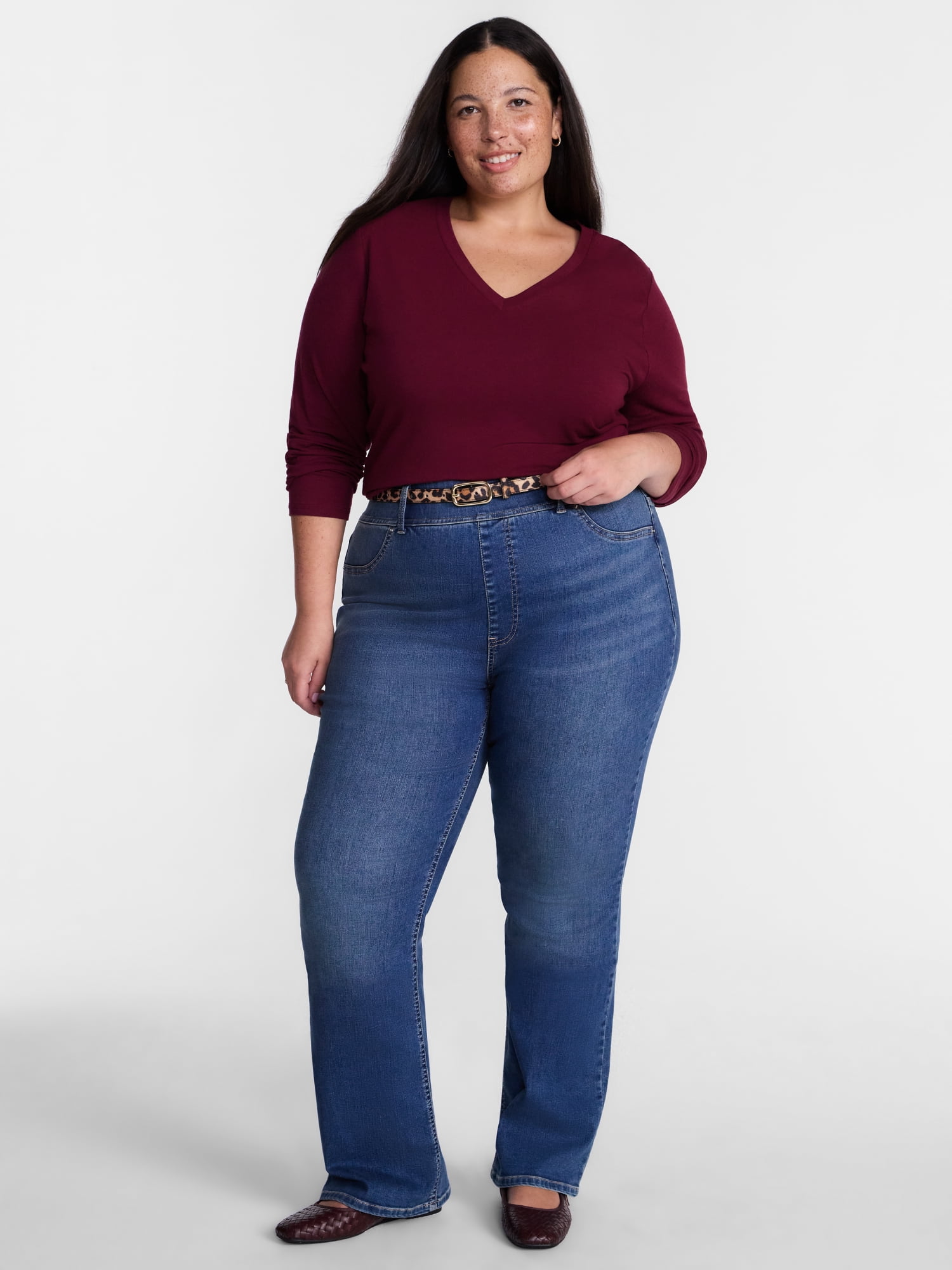 Terra & Sky Women's Plus Size V Neck Tee with Long Sleeves, Size 0X-5X