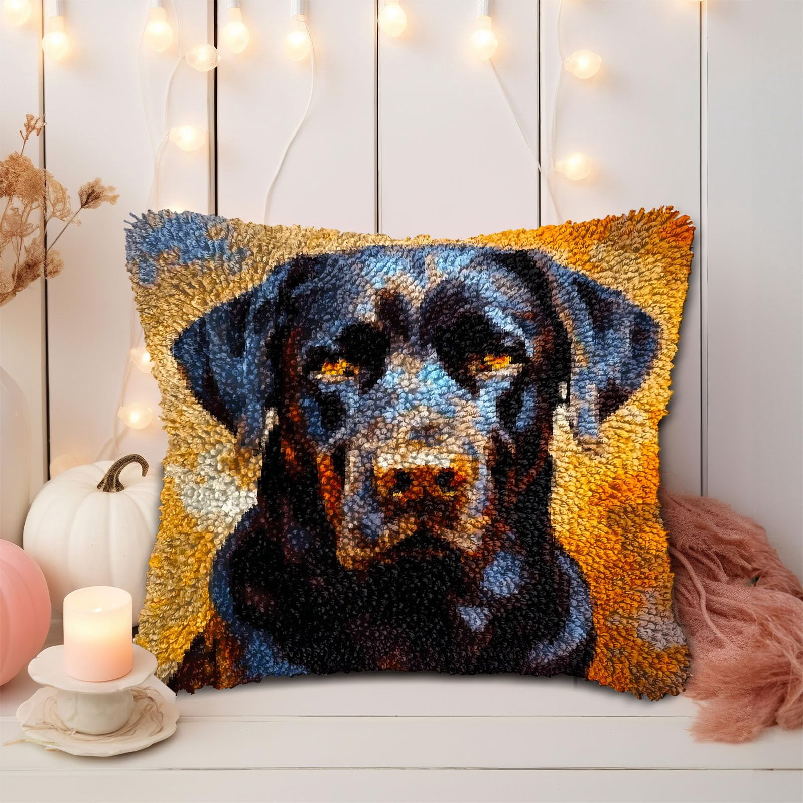 Black Labrador Retriever DIY Latch Hook Pillow Kits for Adults Printed Pillowcase Crochet Yarns Hooking Handmade Pillow Cover Cushion for Home Sofa Decoration 17x17inch