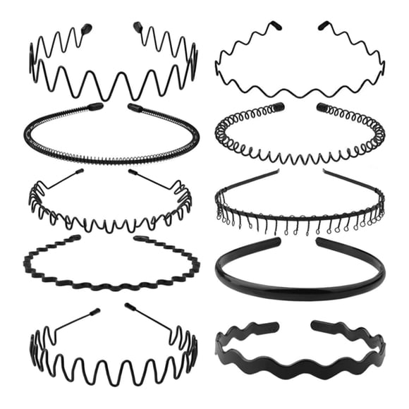 JERLITU Diademas de Metal con Dientes Diadema para Hombres y Mujeres Diademas Unisex Negro Ondulado Primavera Deportes al Aire Libre Gorros elásticos Antideslizantes Simples (10 Piezas)