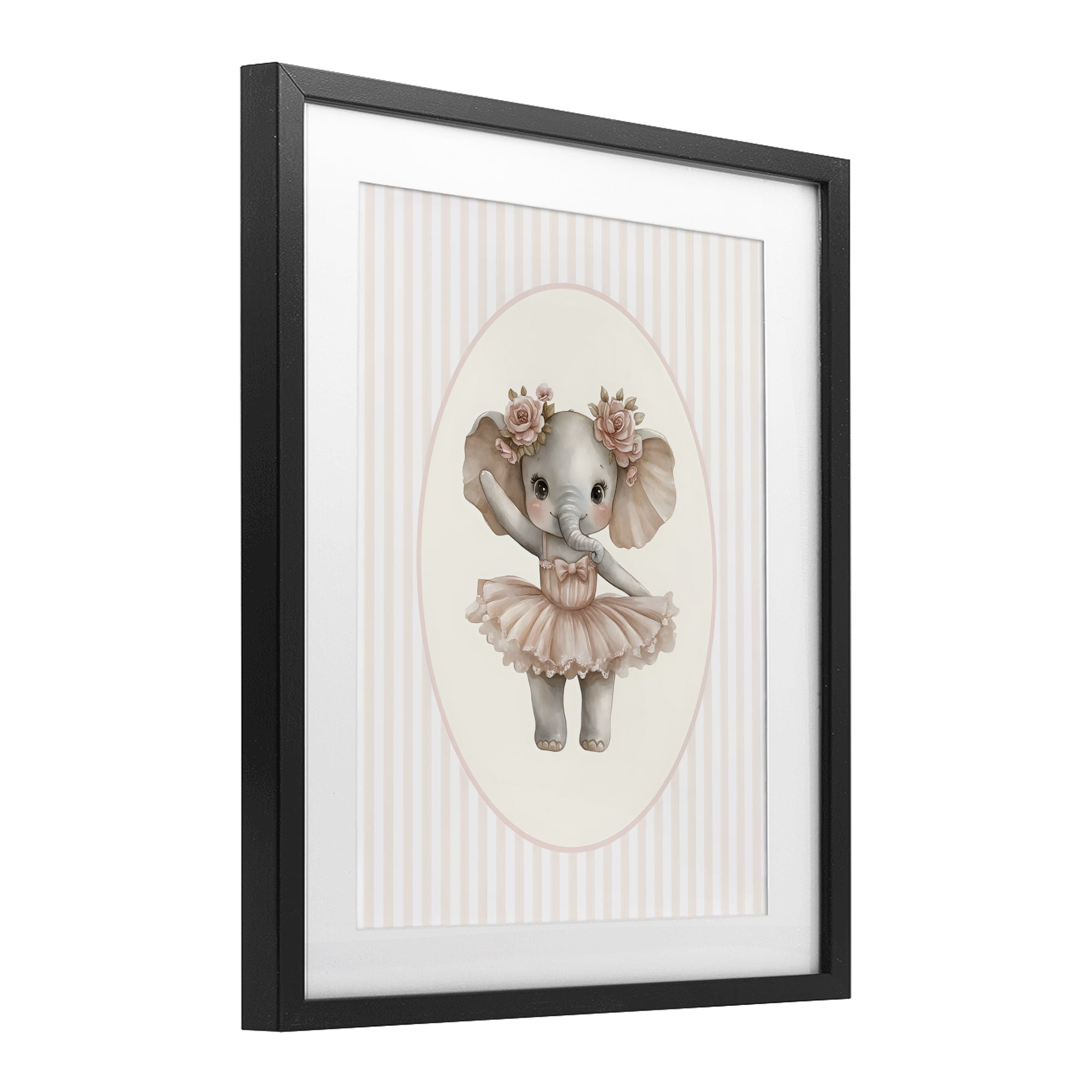 Stupell Industries Nursery Ballerina Elephant Striped Black Framed Print Under Glass, design by LSR Design Studio