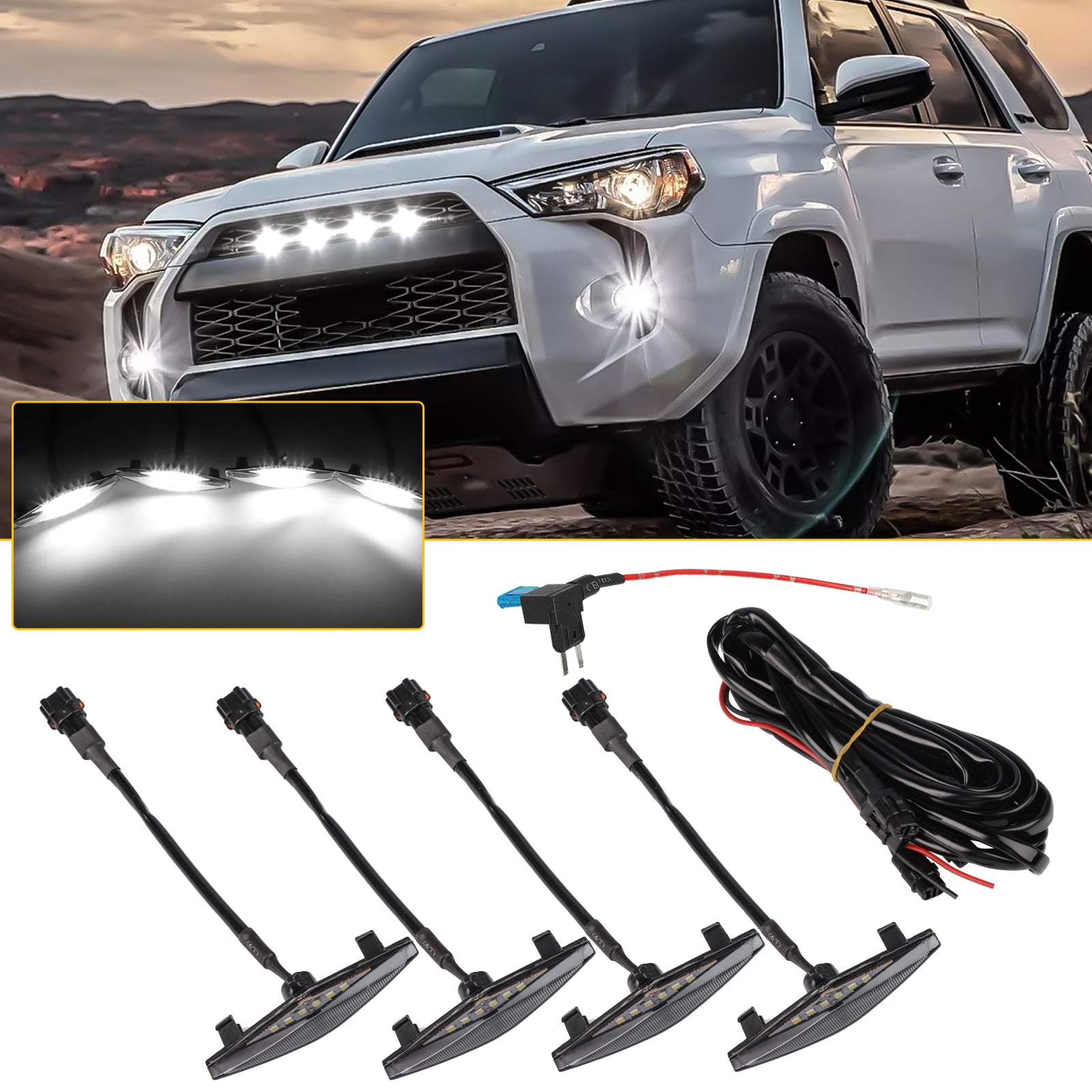 TRD off-road Including SR5 Limited 4 PCS Led Smoked Grille Lights Kits for 4Runner TRD Pro 2014-2019 TRO Pro （Smoked shell white lights）