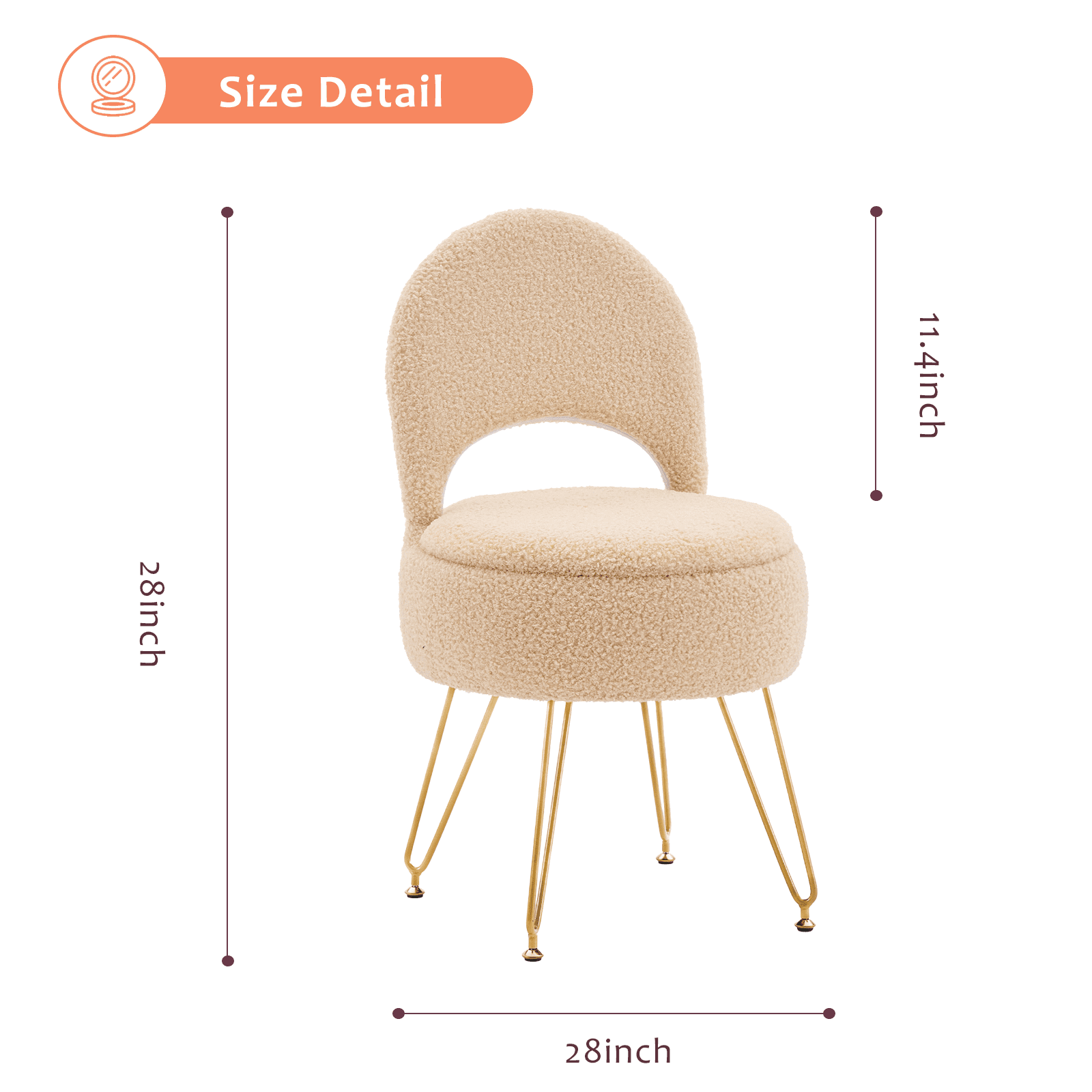 Casa Pura Furniture Modern Teddy Velvet Storage Ottoman Vanity Stool with Folding Back Round Beige 1-Piece