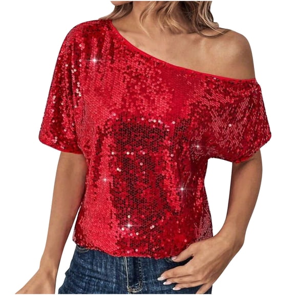 YUGYXL Sequin Off The Shoulder Tops for Women Elegant Short Sleeve Tops Dressy Party Shirts Casual Cocktail Evening Pullover Red S