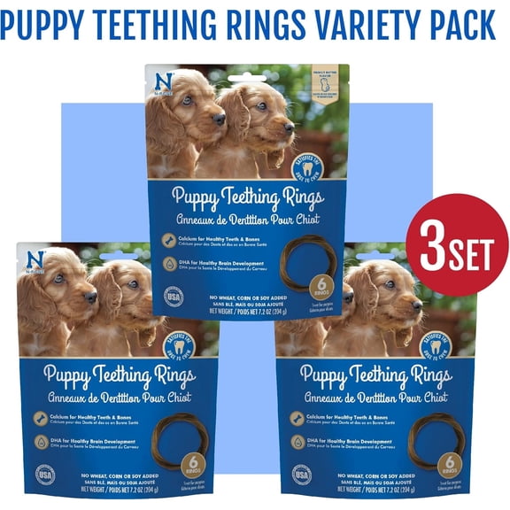 N-Bone Puppy Teething Rings Value Pack, Dried Chew Rings for Dogs, Peanut Butter Flavor, 6 Rings Bag x 3, for Small and Large Breeds