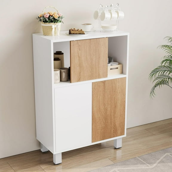 Farmhouse Kitchen Buffet Sideboard Cabinet with Sliding Doors, Adjustable Shelves Small Wooden Storage Cabinet for Living Room, Bathroom, Office, Entryway, White