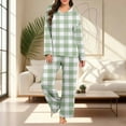 thumbnail image 6 of Fengactive Women's 2-Piece Checkered Pajama Set Long Sleeve V-Neck Top with Contrast Trim and Loose Pants Lounge Sleepwear, 6 of 7
