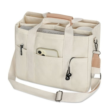 Minsong Canvas Tote Bag with Multi Pockets Crossbody Tote Bag for Women Shoulder Handbag Everything Tote Bag with Compartments White