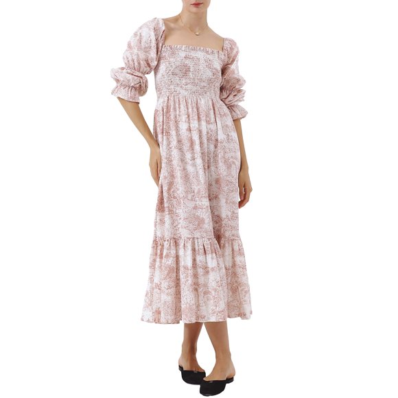 Sylvamorning Women Midi Dress Strapless Long Sleeve Floral Dress for Daily