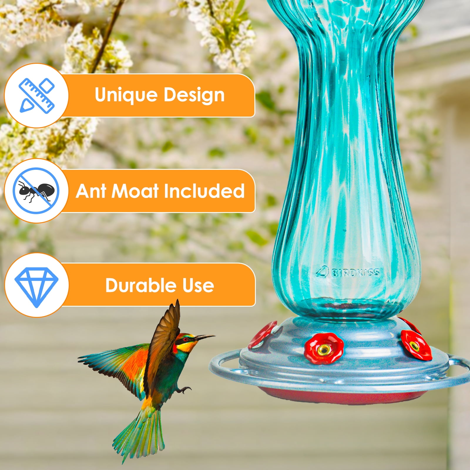 Birdkiss 28 oz Hand Blown Glass Hummingbird Feeders with Ant Moat Hook, Garden Backyard Patio Decor