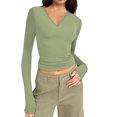 thumbnail image 2 of Trendy Long Sleeve Shirts for Women Fall Fashion V Neck Crop Slim Fitted Y2K Tops Outfits Clothes Light Green S, 2 of 7