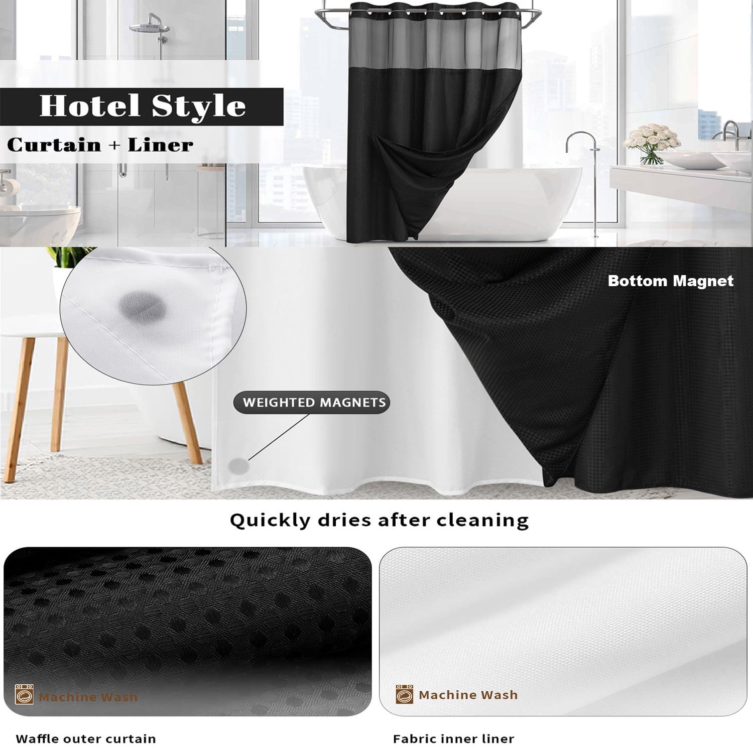 Waffle Weave Shower Curtain with Snap in Fabric Liner, No Hook Shower Curtain with Snap-in Liner, DawnJoanHD Black Heavyweight Fabric Shower Curtain with See Through Top Window, 72"X75"