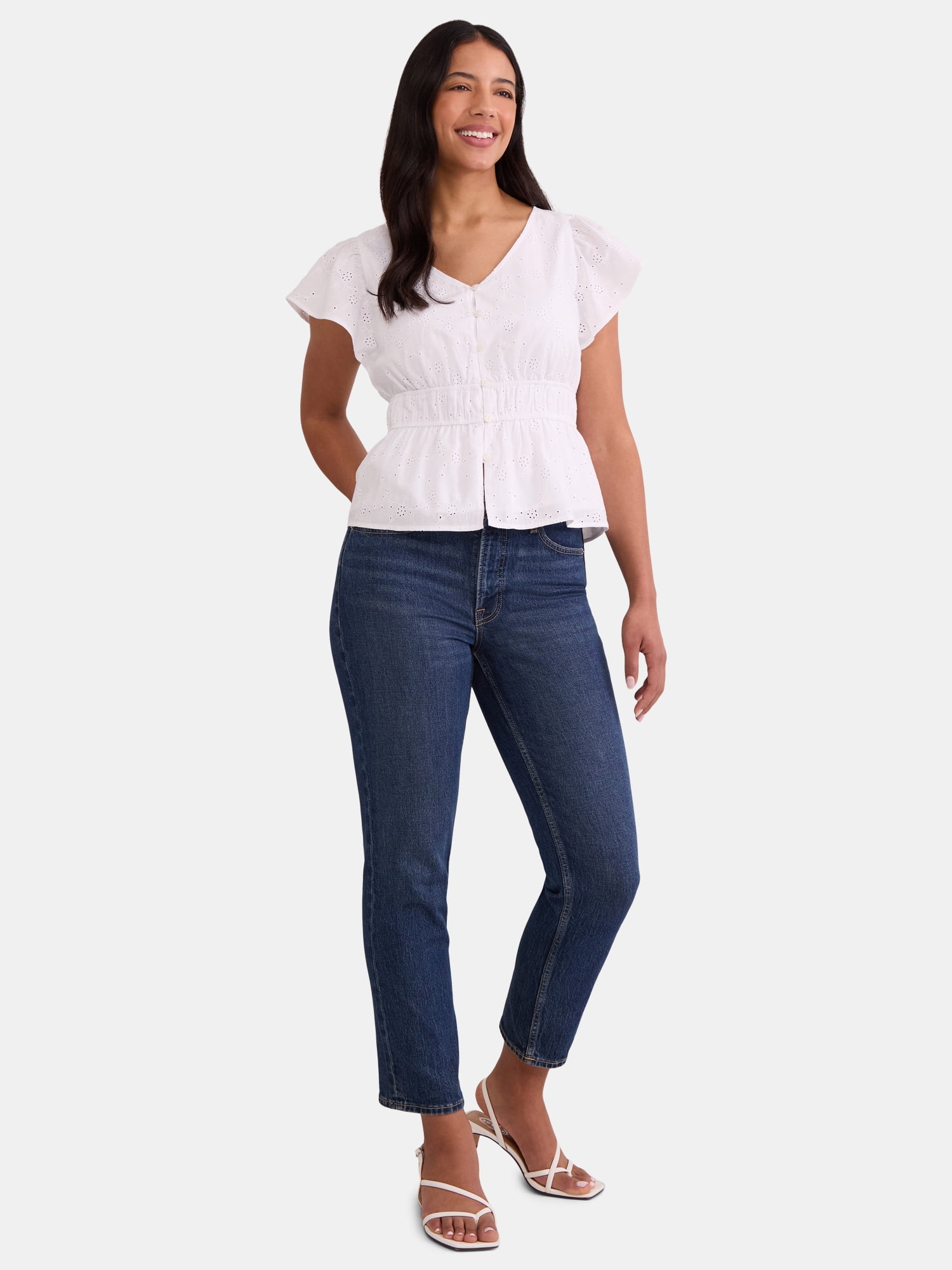 Time and Tru Women's Eyelet Peplum Top, Sizes XS-XXXL