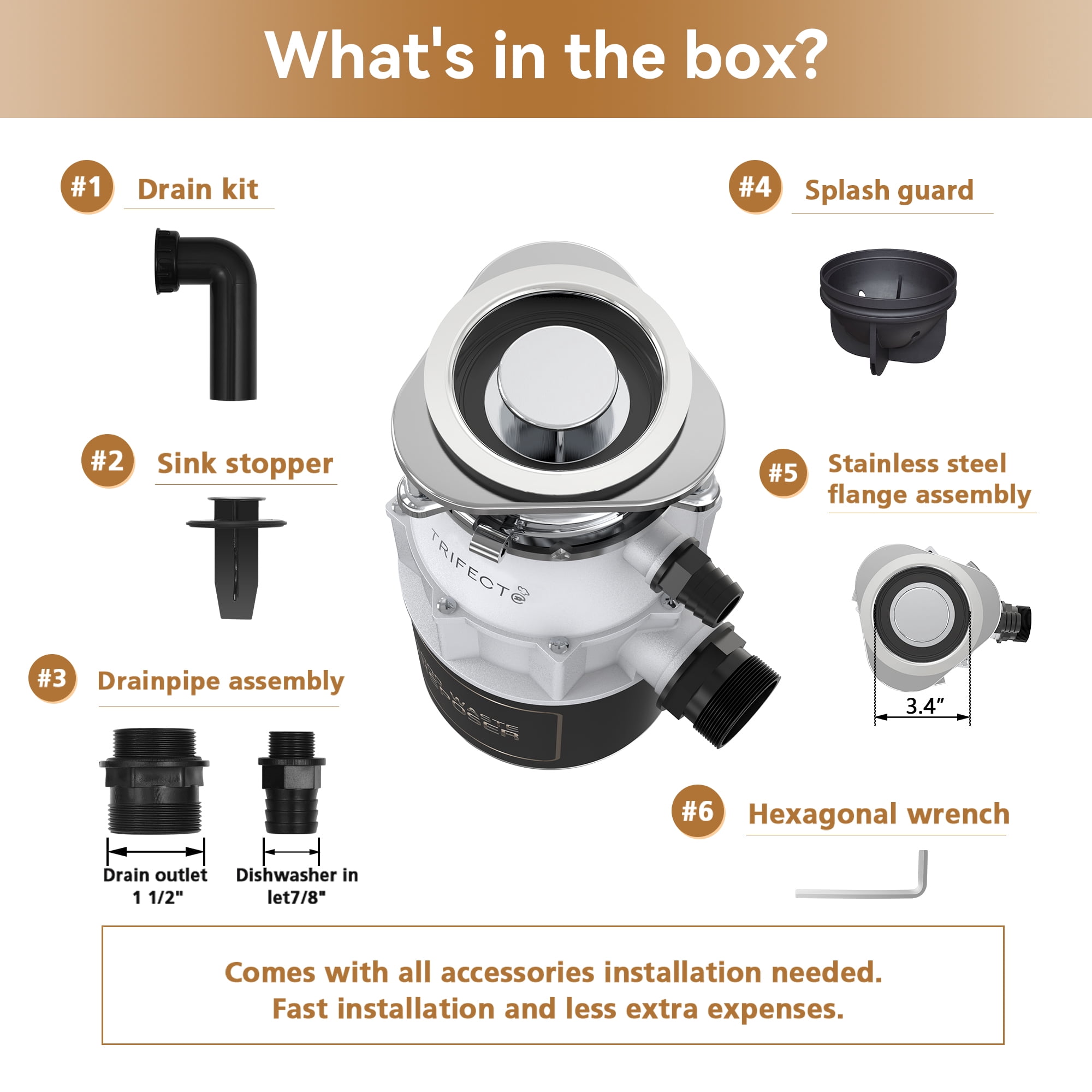 Trifecte 3/4PH Garbage Disposal, 3800RPM DC Motor Continuous Feed Food Waste Disposal with Power Cord