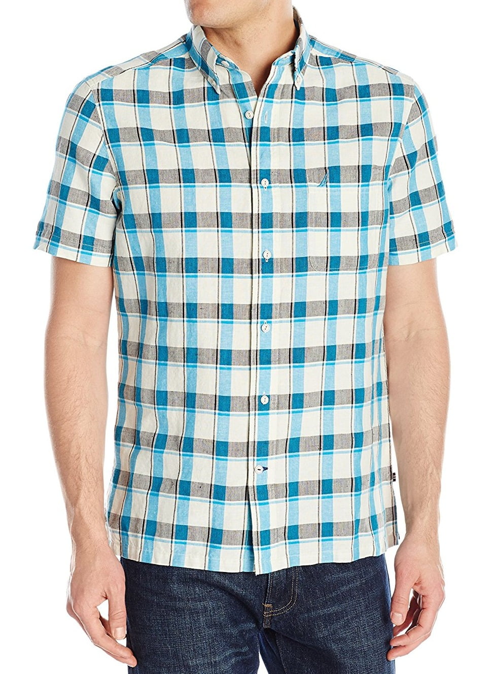 Nautica - NEW Beige Turquoise Men's Size XL Plaid Button Down Shirt ...