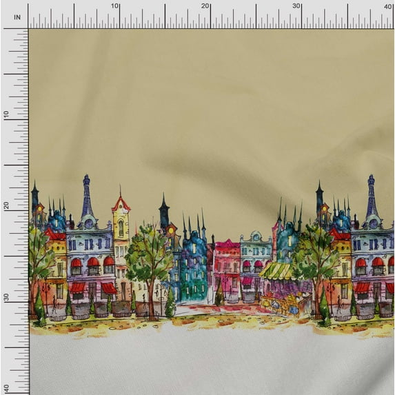 Soimoi Velvet Fabric Buildings Panel Printed Craft Fabric by The Yard 58 Inch Wide