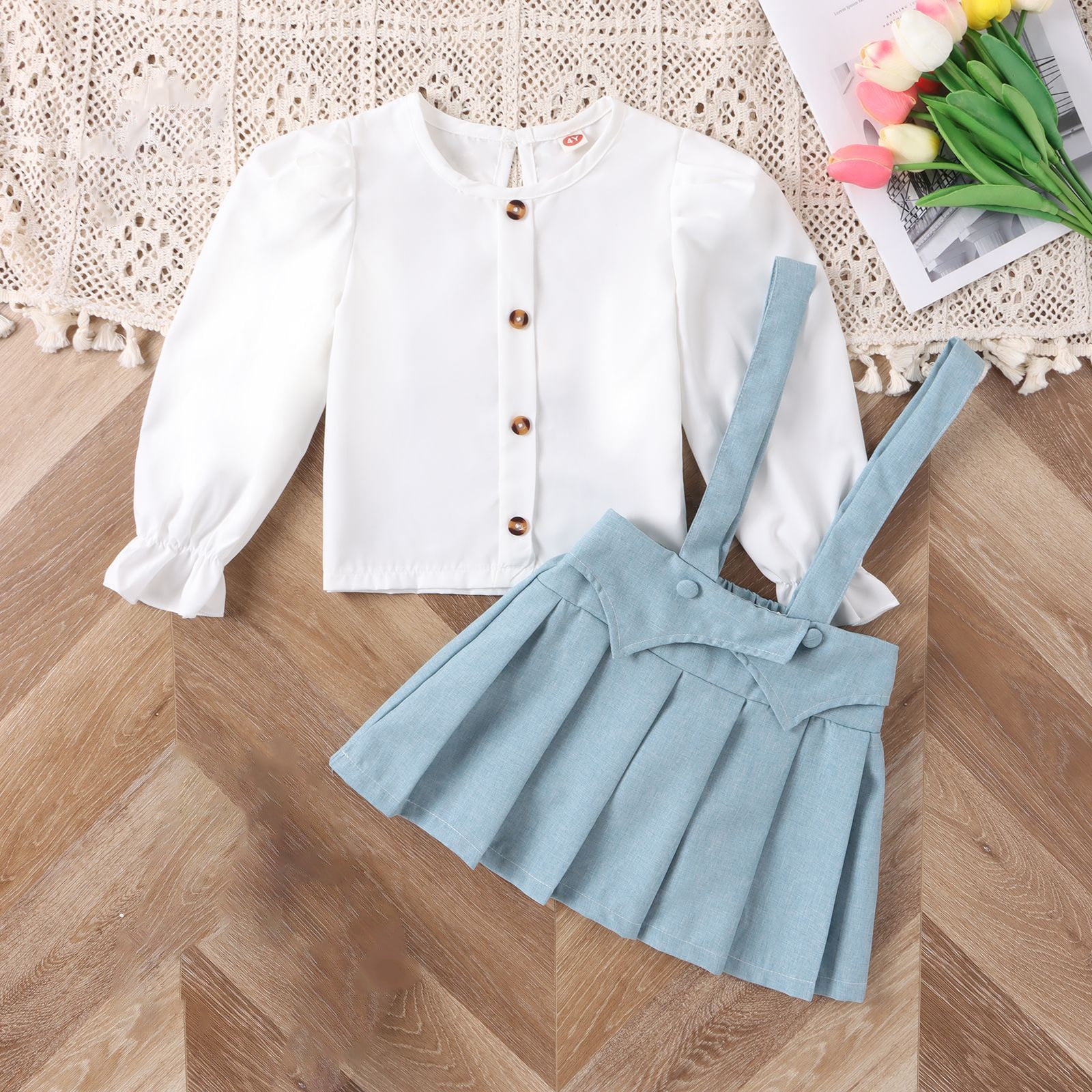 Styesk Baby Girl Clothes 4 To 8 Years Spring Short Skirt Set Round Collar Buttons Down Long Sleeve Shirt Back Strap Pleated Skirt Two Piece Set Walmart