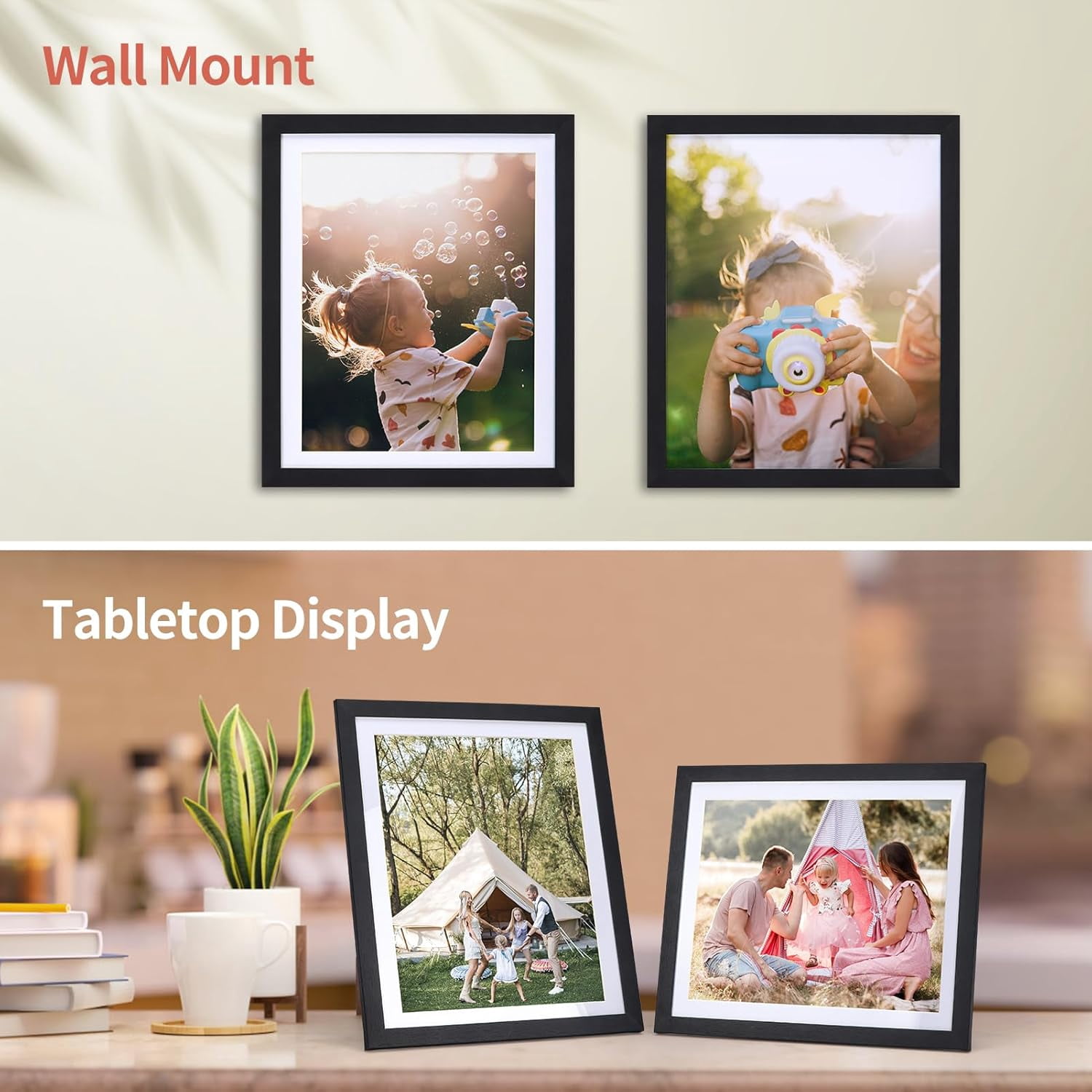 15 Pack 8x10 Wood Picture Frames, 9x11 Matted to 8x10 Tabletop or Wall Mounted Photo Frame, Black