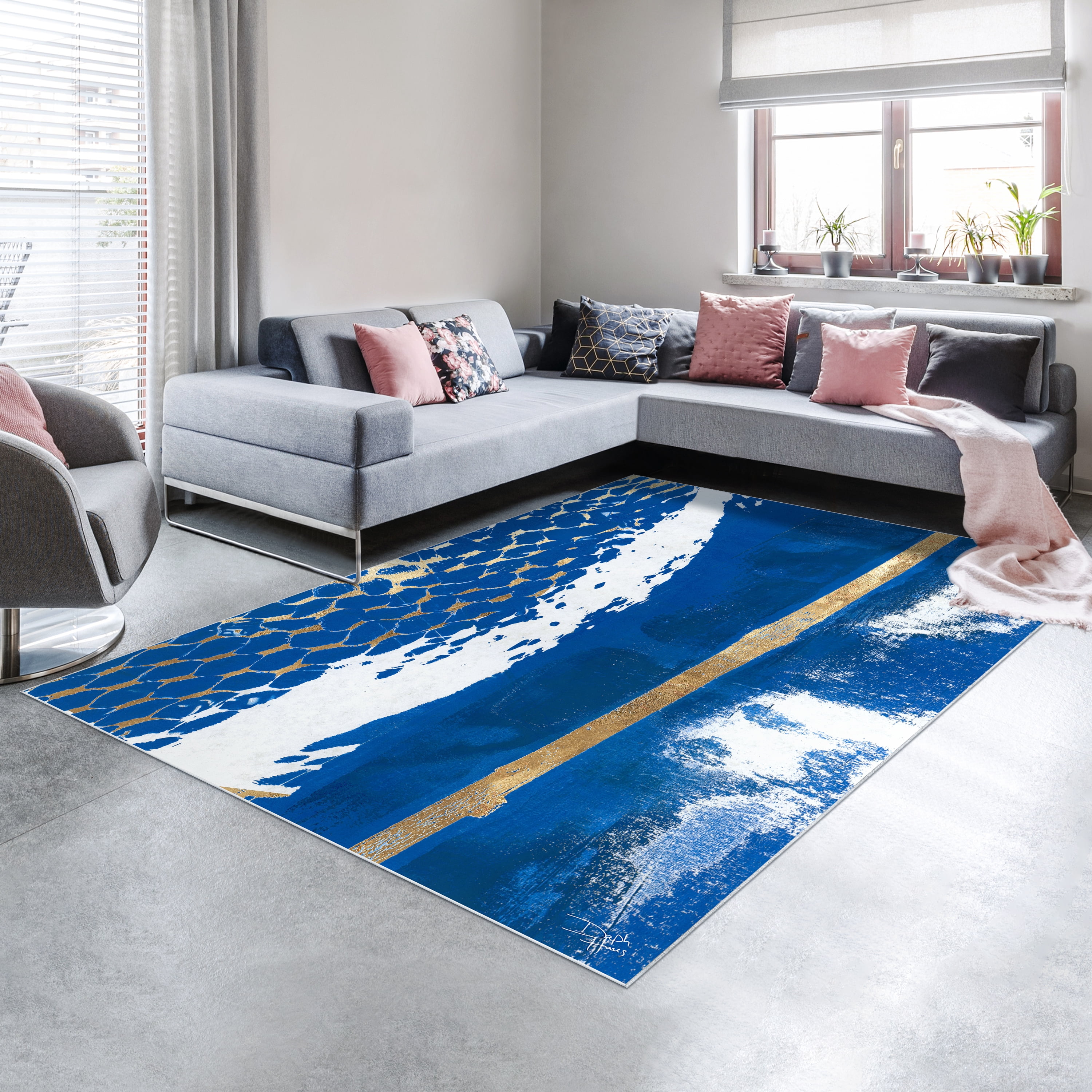 Fisherman’s Wharf I Washable Blue Art Area Rug size 8'x10', Power-loomed, Heavenly Softness with Non-Slipping Backing