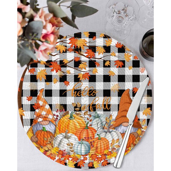15 Inch Round Placemats Set of 6, Orange Pumpkin Gnomes Fall Non Slip Heat Insulation PP Table Mats, Branches Thanksgiving Leaves Plaid Washable Place Mats for Kitchen Dining Party Table Decor