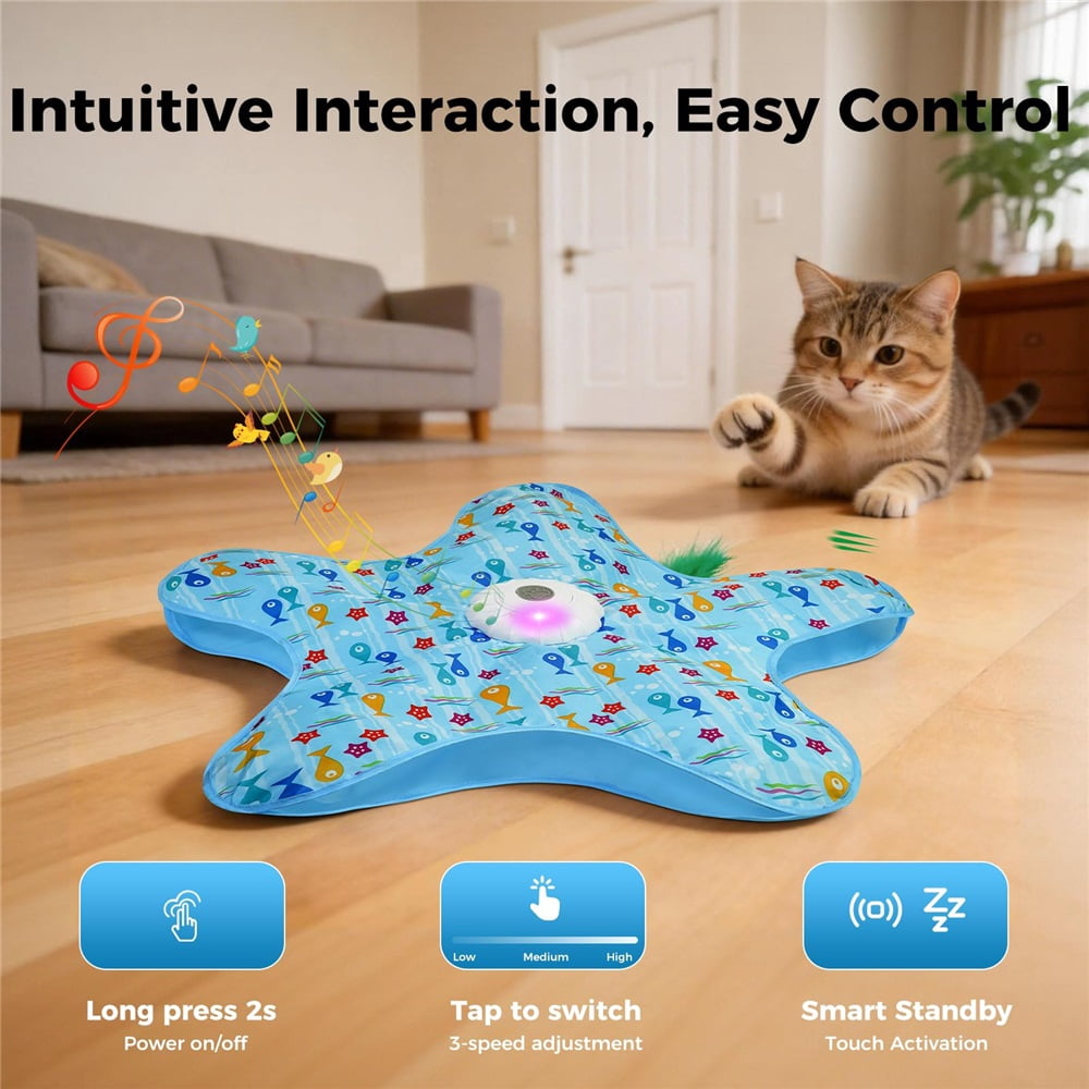 Rechargeable Automatic Cat Toy, 3-Mode Touch-Activated Interactive Toy with Random Motion, Concealed Feather & Squeaky Sound for Indoor Cats & Kittens (Blue)