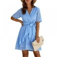 thumbnail image 3 of Women Faux-Wrapped Polka-Dot V-Neck Short-Sleeved High-Waist A-Line Ruffled Hem Plain Belt Short Dress, 3 of 9