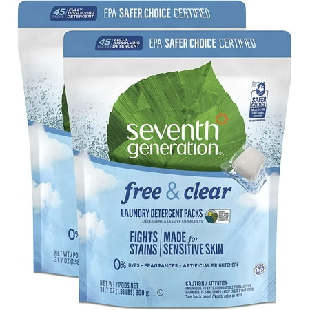Seventh Generation Laundry Detergent Packs, Free & Clear, 90 Loads (2 pouches, 45 Ct EA)