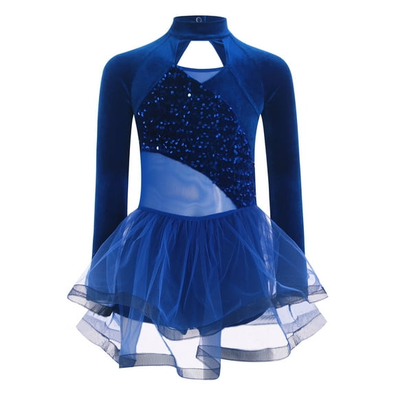 TTAO Kids Girls Dance Dress Velvet Sequins Leotard with Tutu Skirt Long Sleeve Sparkle Dress for Blue 6