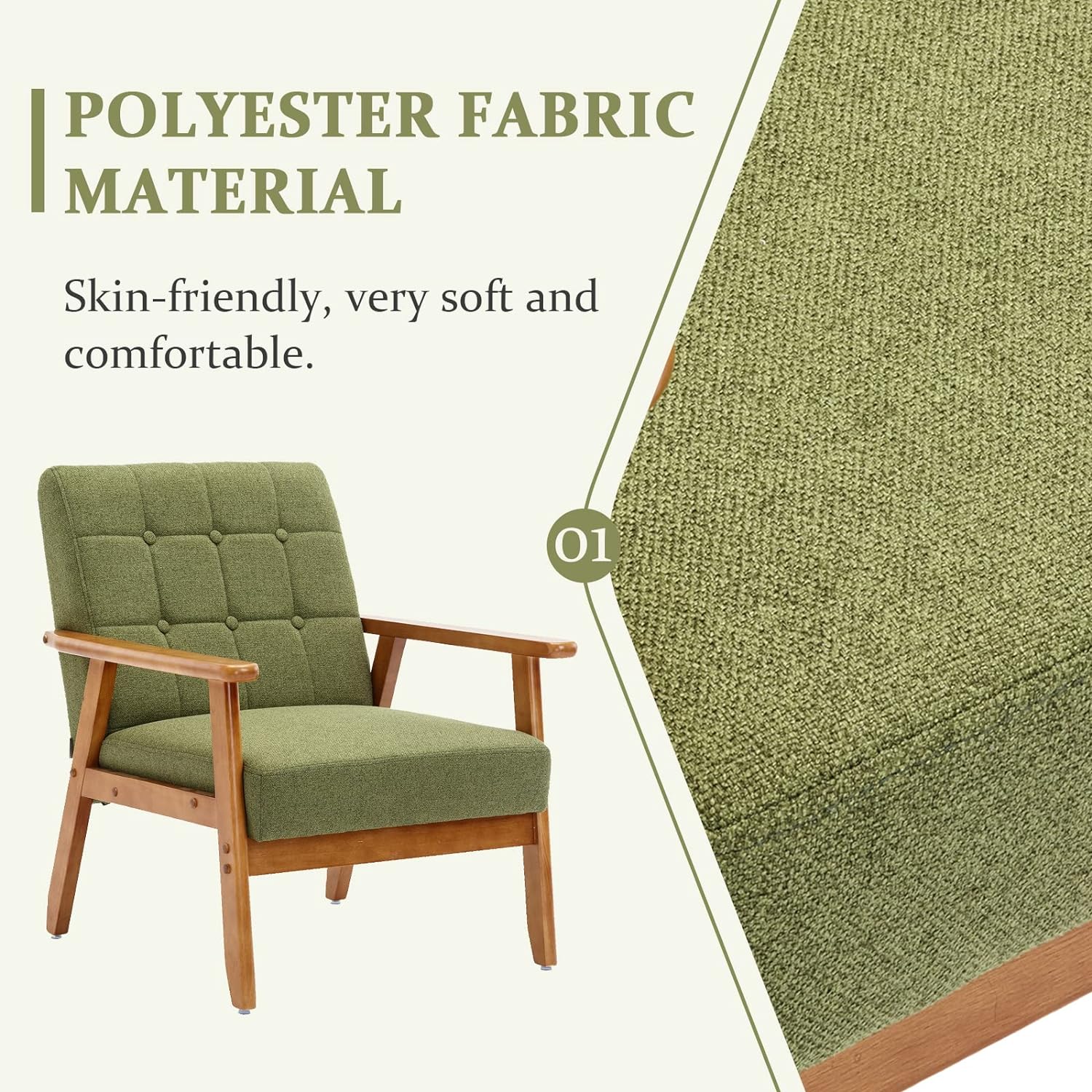 Holaki Mid Century Modern Arm Chair with Wood Frame,Linen Fabric Comfy Reading Chair,Accent Chair for Living Room Bedroom Reading,Easy Assembly,Green Linen