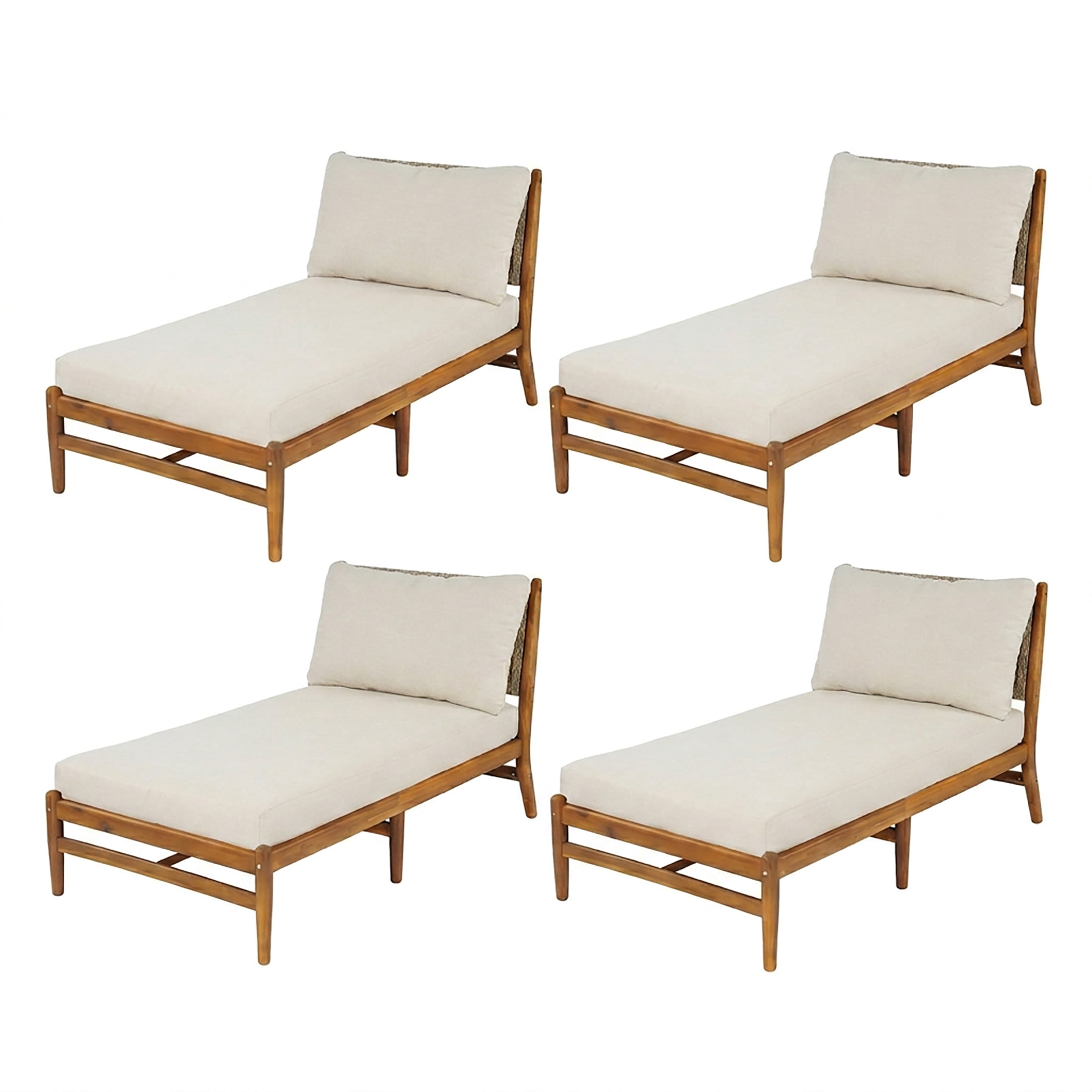Christopher Knight Home Set of 4 Outdoor Chaise Lounges, Acacia Wood with Woven Rope, Beige Cushions, Teak