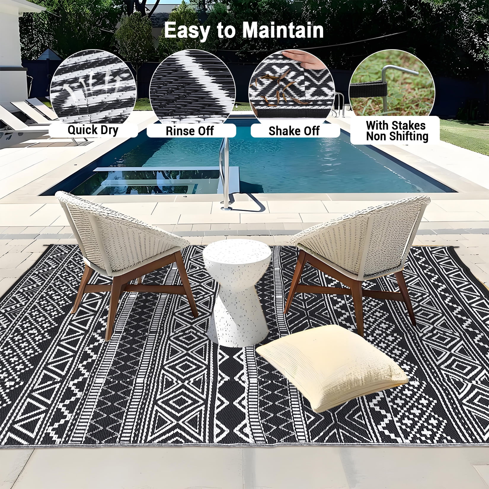 Garvee 5'x8' Plastic Outdoor Rugs, Bohemia Waterproof Straw Rug Reversible Indoor Outdoor Carpet for Patio Deck Porch Backyard Camping Picnic Beach, Black & White