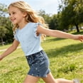 thumbnail image 6 of ITSAME Girls Summer Outfits 2-Piece Ruffle Sleeve Ribbed Top and Denim Shorts Casual Clothes Set Light Blue Size 7-8, 6 of 9