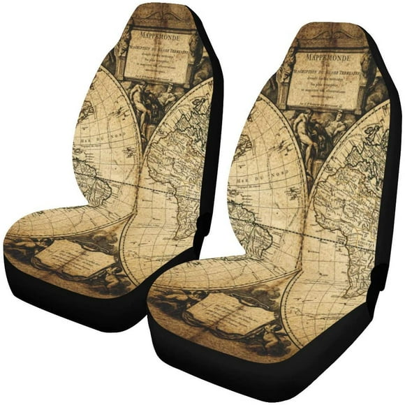 POGLIP Set of 2 Car Seat Covers Vintage World Map Universal Auto Front Seats Protector Fits for Car,SUV Sedan,Truck