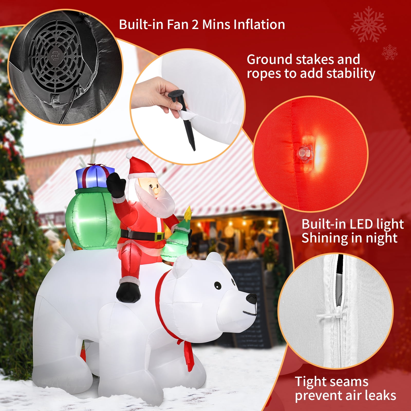Astoutdoor 6 ft Santa Claus Rides Polar Bear Holiday Decoration with 7 LED Lights, Polyester