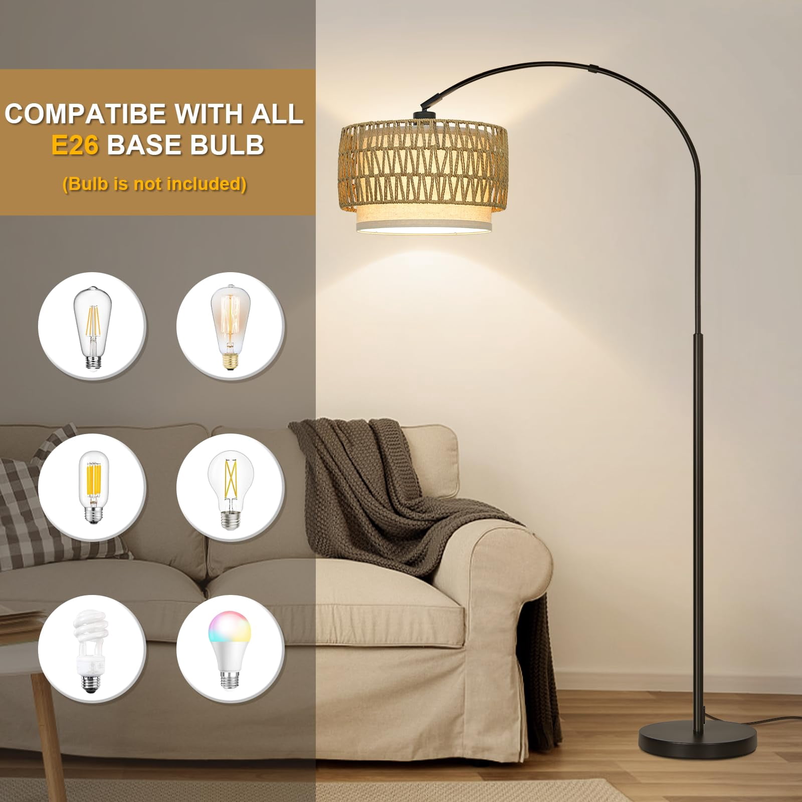 Rattan Floor Lamp  Arc Lamps For Living Room Farmhouse Standing With Adjustable Hanging Fabric Shade Tall Pole Foot Over Couch Arched Reading Light Bedroom Office