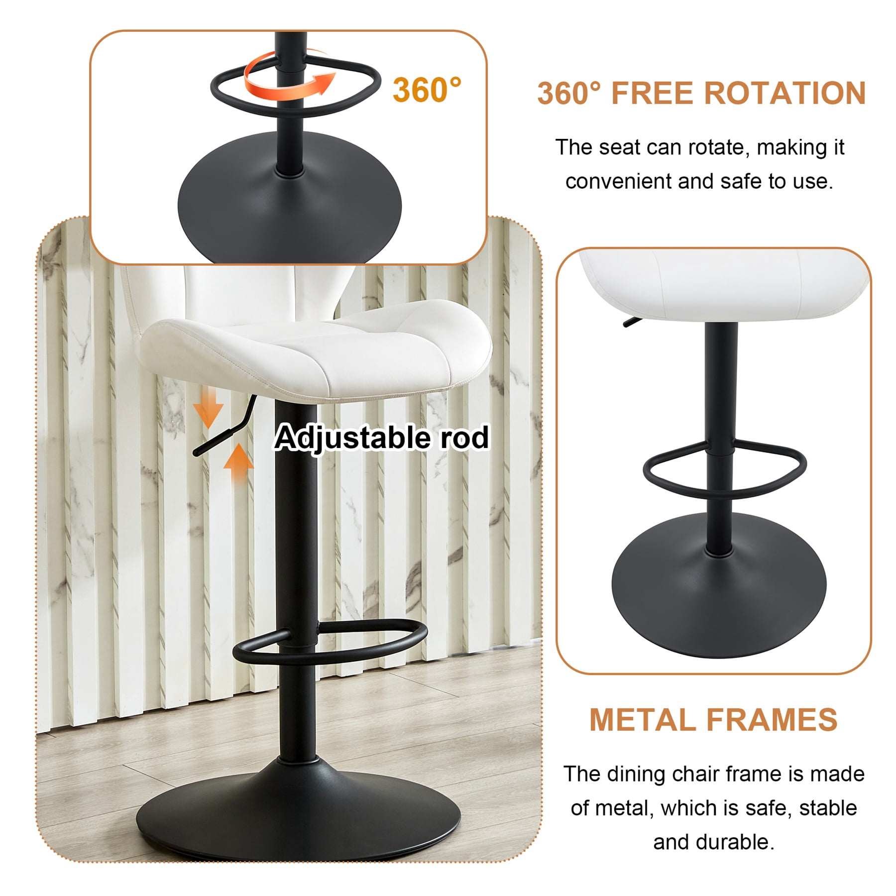 Alvantor Adjustable Bar Stools Set of 2 Modern Leather Swivel Bar Stools Counter Height Bar Chairs for Kitchen Island White