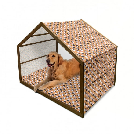 Dog Pet House, Funny Puppy Heads Doodle Concept Square Form on Coral Tone Background, Outdoor & Indoor Portable Dog Kennel with Pillow and Cover, 5 Sizes, Multicolor, by Ambesonne
