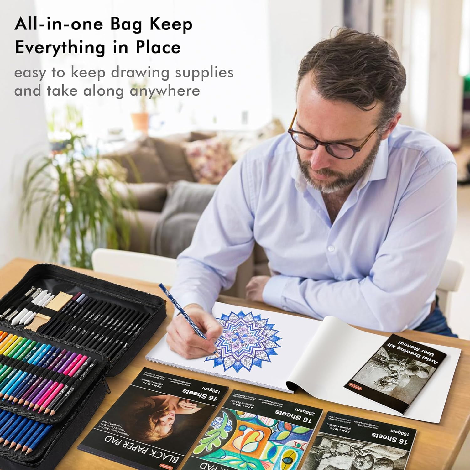 Shuttle Art 124 PCS Drawing Kit, Professional Drawing Supplies with Sketch, Charcoal, Colored, Graphite, Pastel Pencils & Sticks, Complete Drawing Tools and Paper Pads in Zipper Case