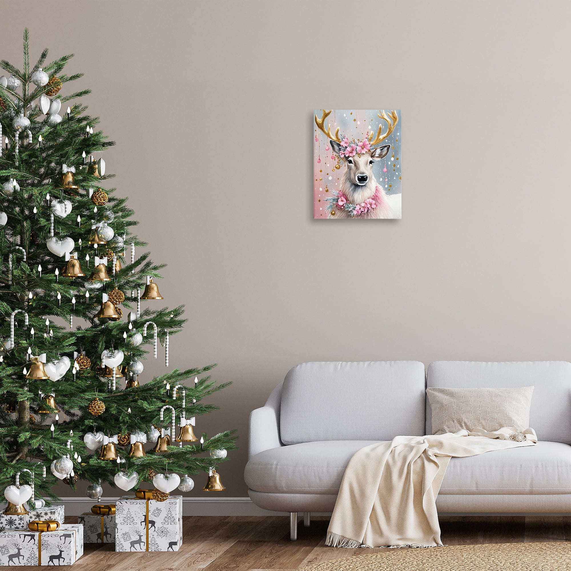Stupell Industries Pink Floral Festive Reindeer Holiday Painting Gallery Wrapped Canvas Art Prints Wall Art, 16 x 20